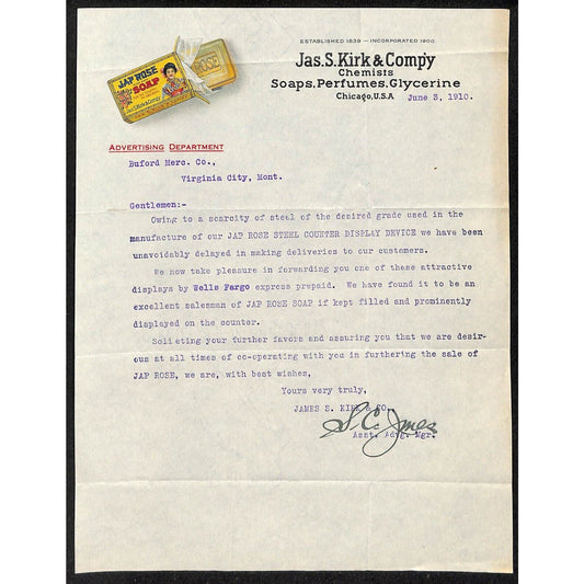 Jap Rose Soap / Jas. S. Kirk & Co / Buford* 1910 Letterhead re: Counter Displays