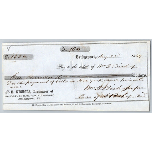 Naugatuck Railroad Co. Bridgeport, CT 1849 Check #105 William D. Bishop Signed
