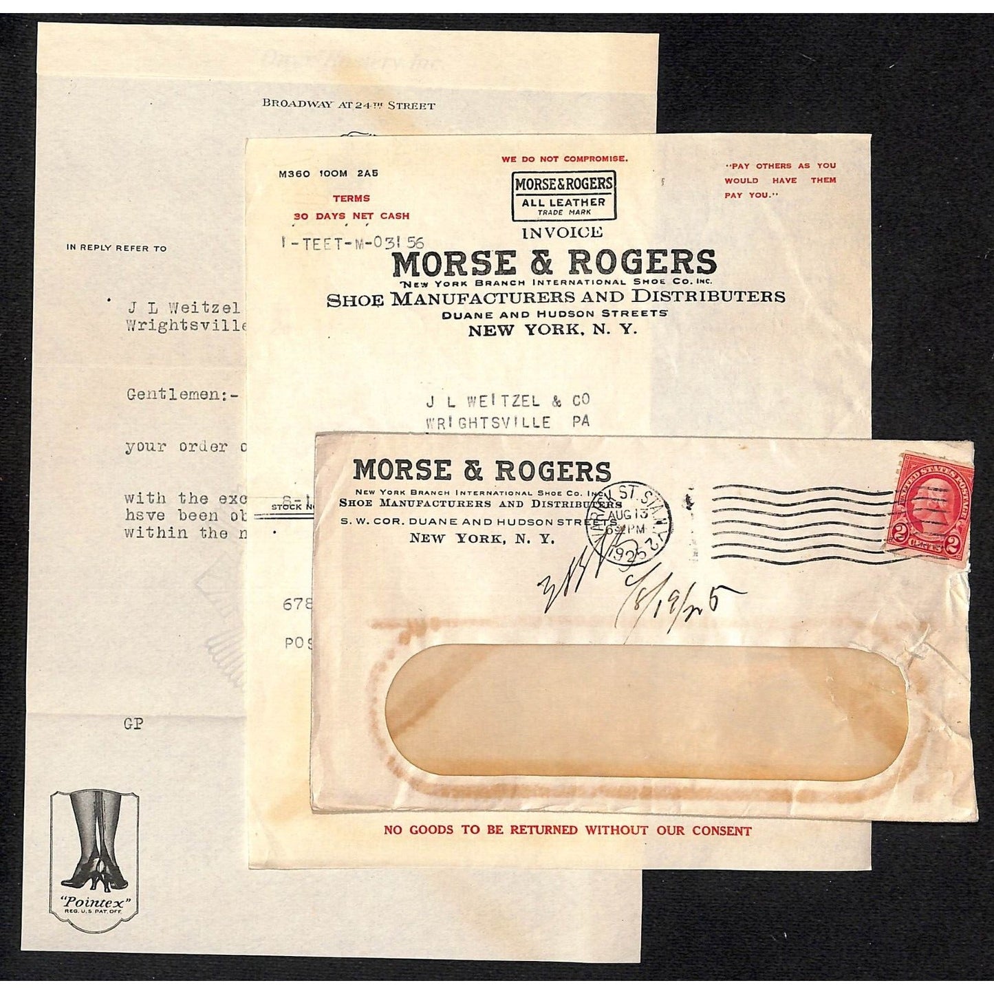 Morse & Rogers Shoes / J.L. Weitzel Wrightsville, PA 1925 Billheads Ink Blotter