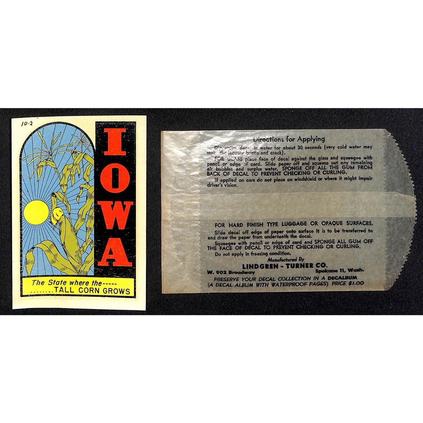 Iowa "Where the Tall Corn Grows" Water Transfer Decal Travel Souvenir c1950's