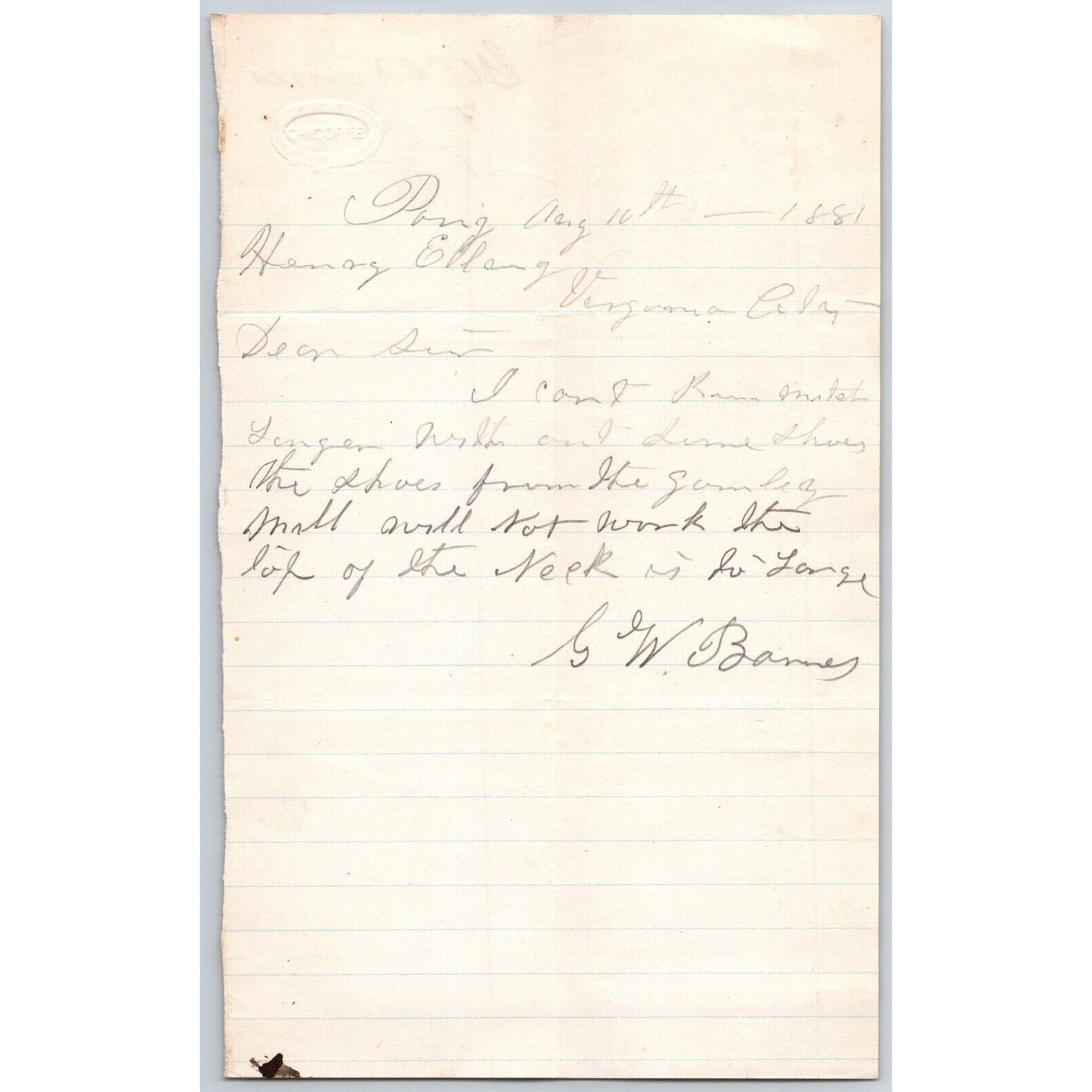 1881 G.W. Barnes Pony, MT ALS to Henry Elling* - Part for Mill not working ?