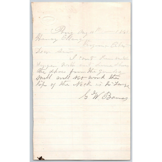 1881 G.W. Barnes Pony, MT ALS to Henry Elling* - Part for Mill not working ?