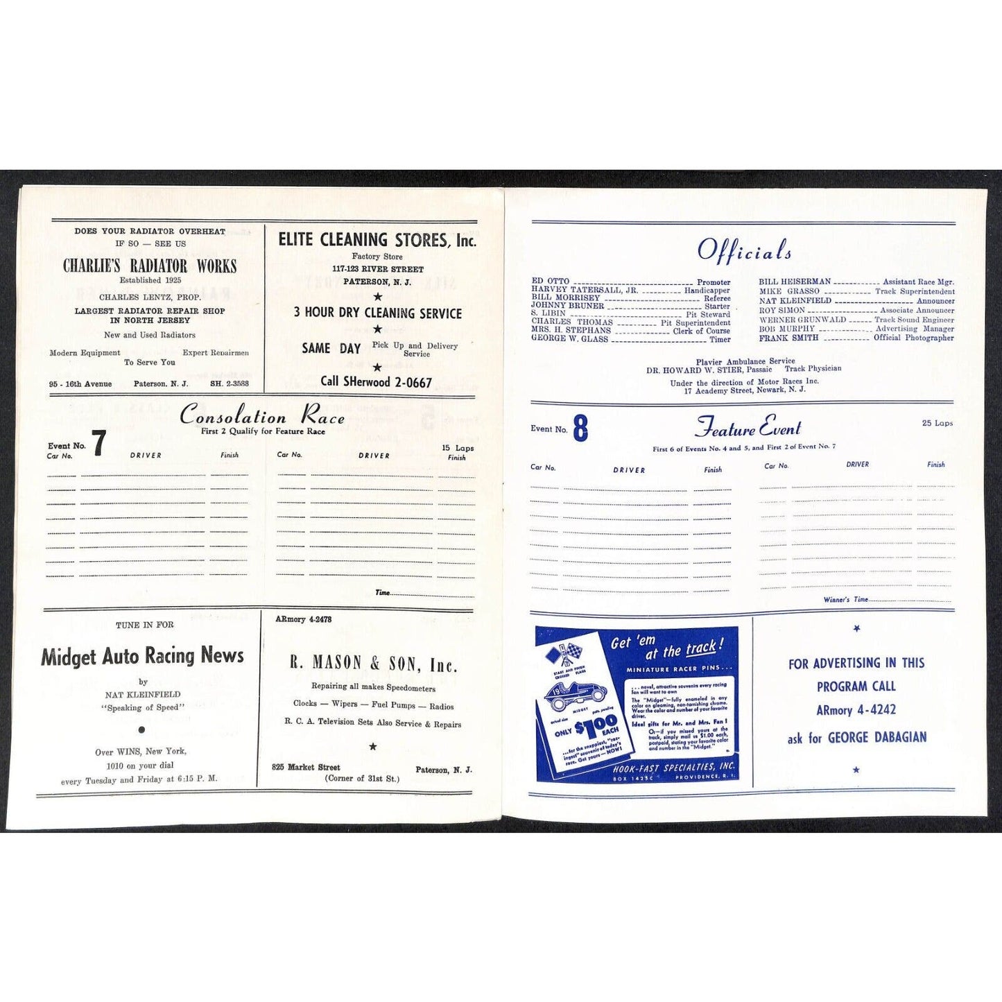 Hinchliffe Stadium Midget Auto Races 8/16 1947 Program Georgie Rice 4pp VGC