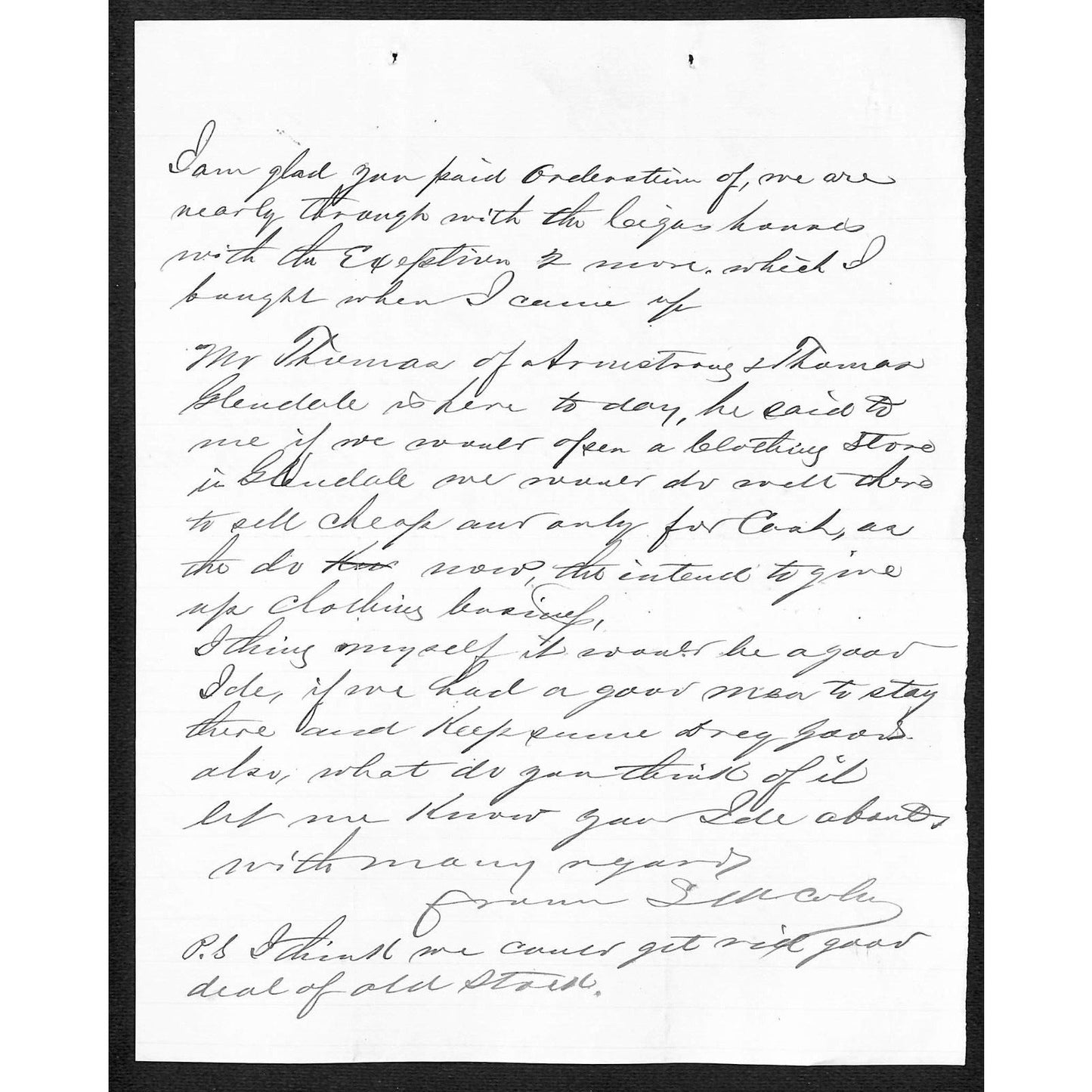 1879 ALS w/ Mention of Armstrong & Thomas Co. re: Opening a New Clothing Store