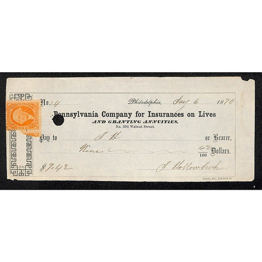 1870 Pennsylvania Co for Insurances on Lives Check Rev Stamp $9.42 #24