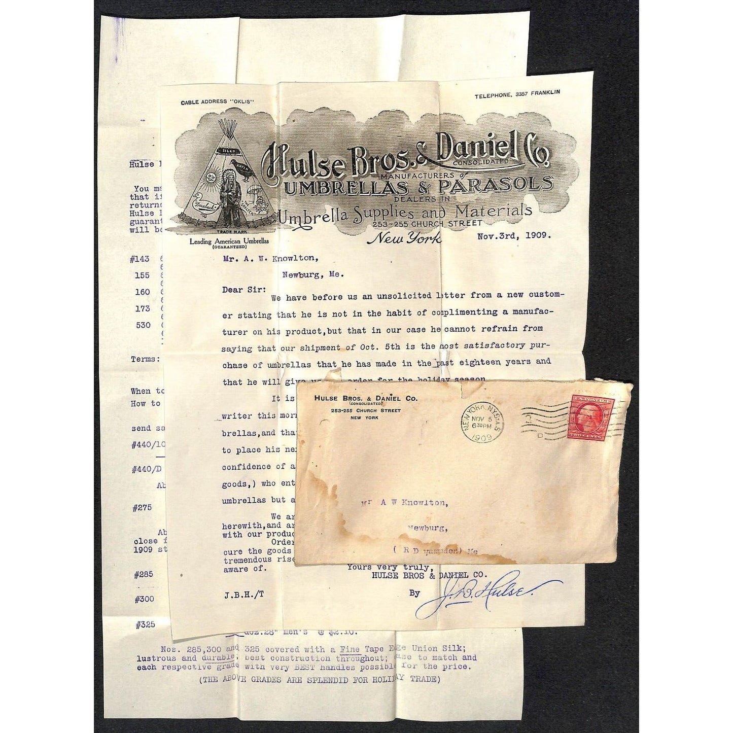 Hulse Bros. & Daniel Co Umbrellas Parasols NYC 1909 Letterhead & Cover Knowlton*