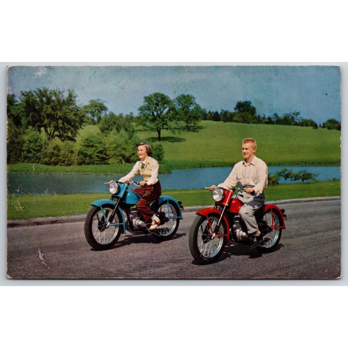 Harley Davidson Dealer Postcard 1951 Couple Each Riding a 125 NP Scarce