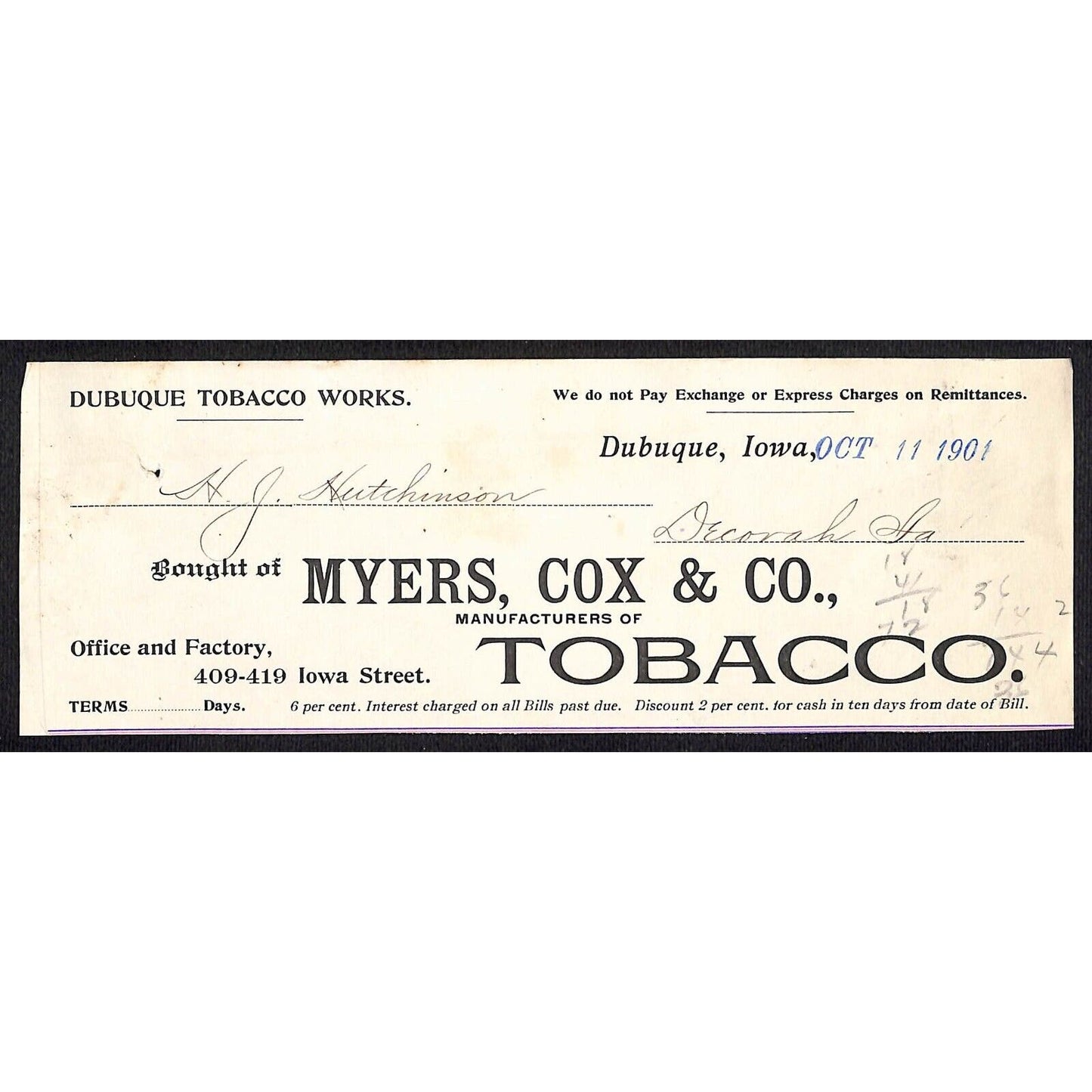 Myers, Cox & Co Dubuque Tobacco Works Hutchinson Decorah IA* Cut 1901 Billhead