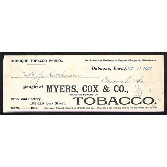 Myers, Cox & Co Dubuque Tobacco Works Hutchinson Decorah IA* Cut 1901 Billhead