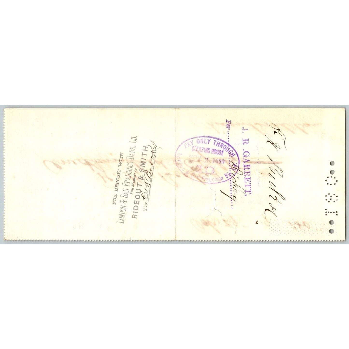 Bank of La Porte Check F.H. Becker 1889 Mining Vignette #18250