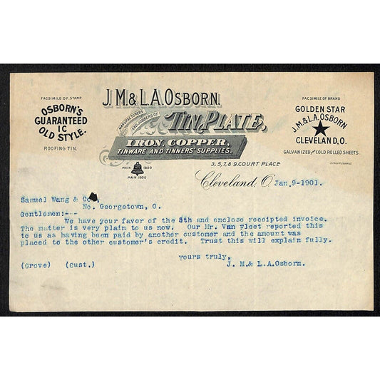 JM & LA Osborn Cleveland Tin Plate 1901 Letterhead Samuel Wang* N. Georgetown OH