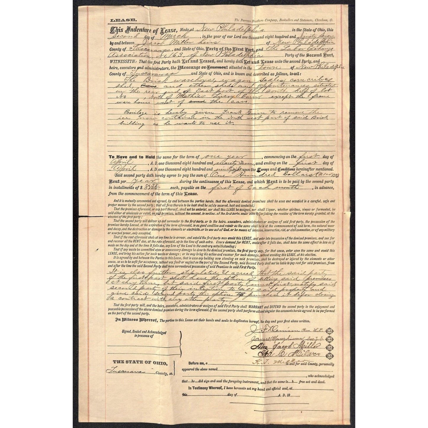 1877 New Philadelphia, Ohio $100 One Year Lease LARGE 11" x 17" SHEET Btwn: