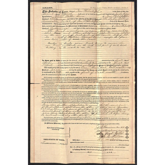 1877 New Philadelphia, Ohio $100 One Year Lease LARGE 11" x 17" SHEET Btwn: