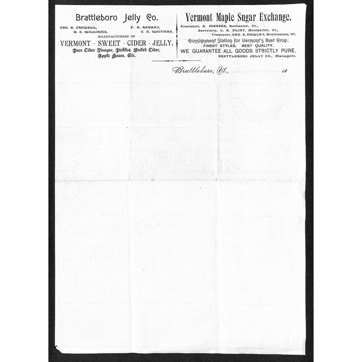 "Vermont Maple Syrup Exchange" Brattleboro Jelly Company 1889 2 Letterheads