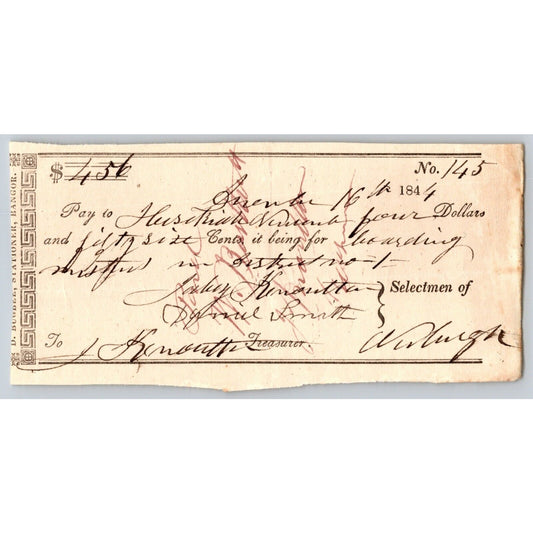 1844 Jabez Knowlton* Newburgh ME Town Check to Bickford for Boarding District 1