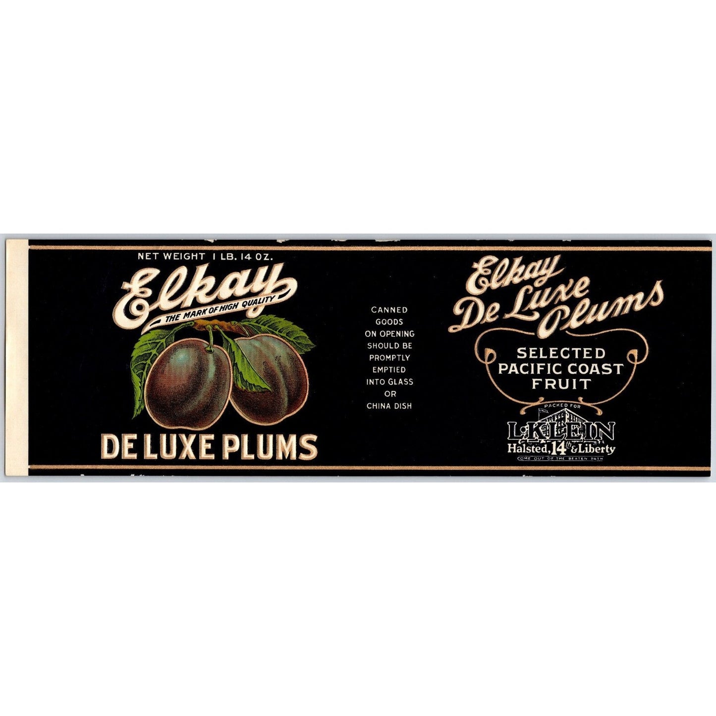 De Lux Plums Elkay Chicago Paper Can Label c1930's-40's NOS VGC