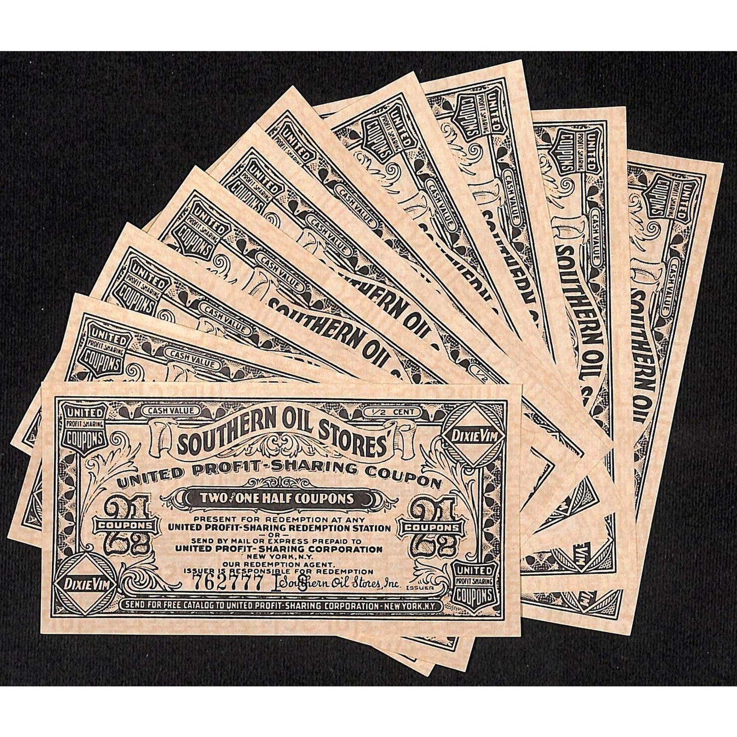Group of 10 Southern Oil Stores / Dix Vim 2 1/2 United Profit Sharing Coupons VG