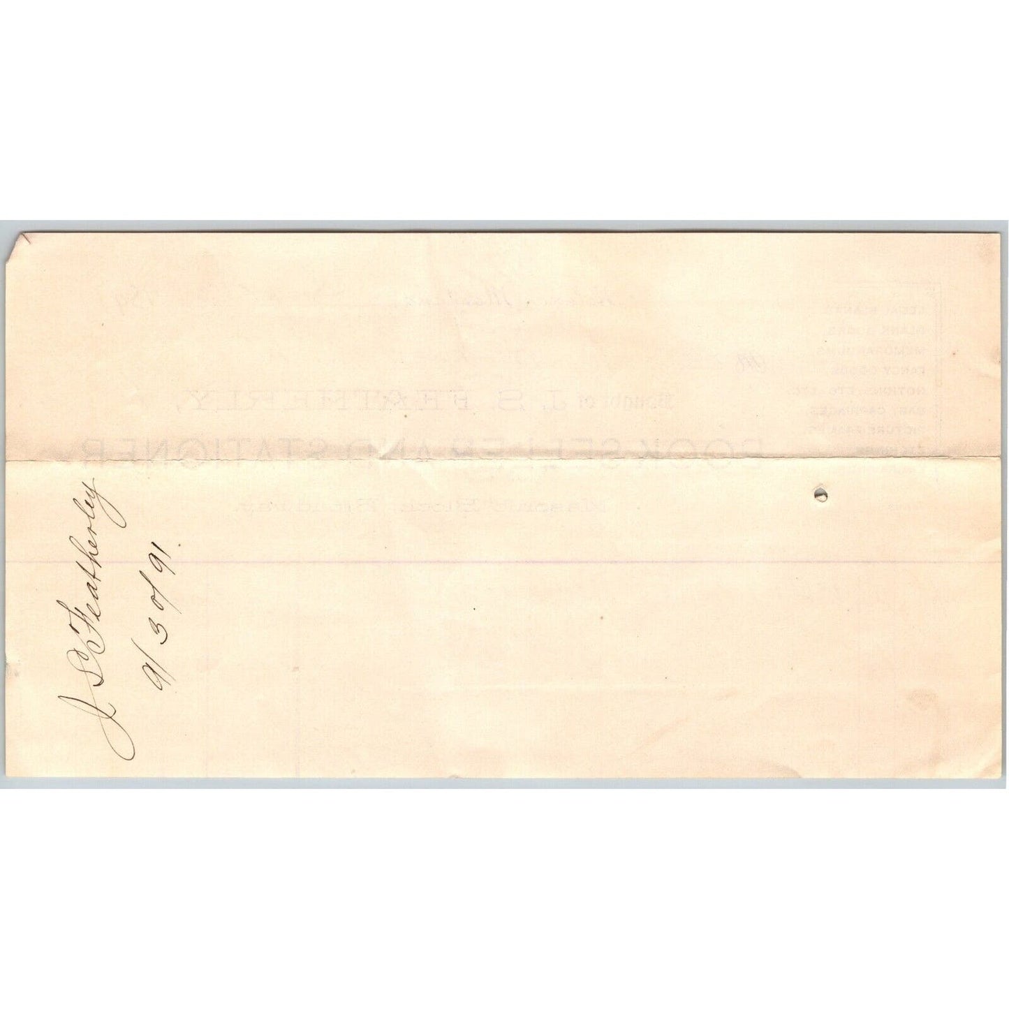 Helena, MT J.S. Featherly Book Seller Stationer 1891 Billhead Scarce