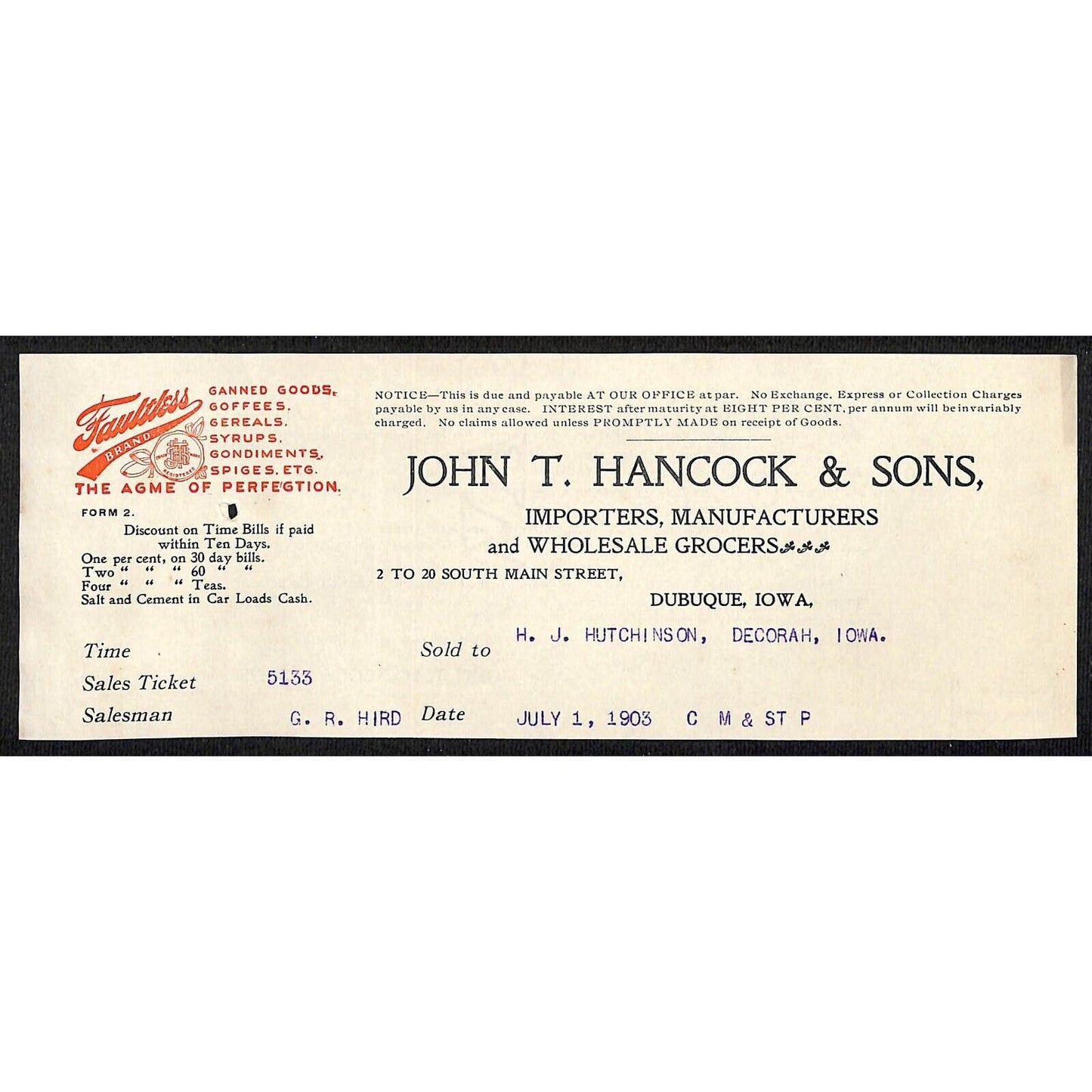 John T Hancock & Sons Dubuque Grocers Hutchinson Decorah* 7/1 1903 Cut Billhead