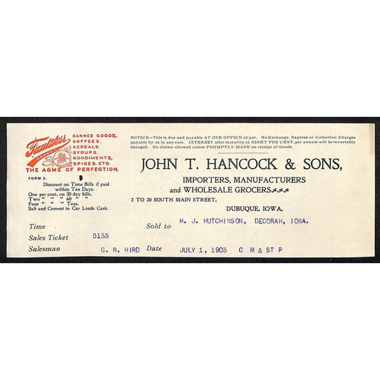 John T Hancock & Sons Dubuque Grocers Hutchinson Decorah* 7/1 1903 Cut Billhead