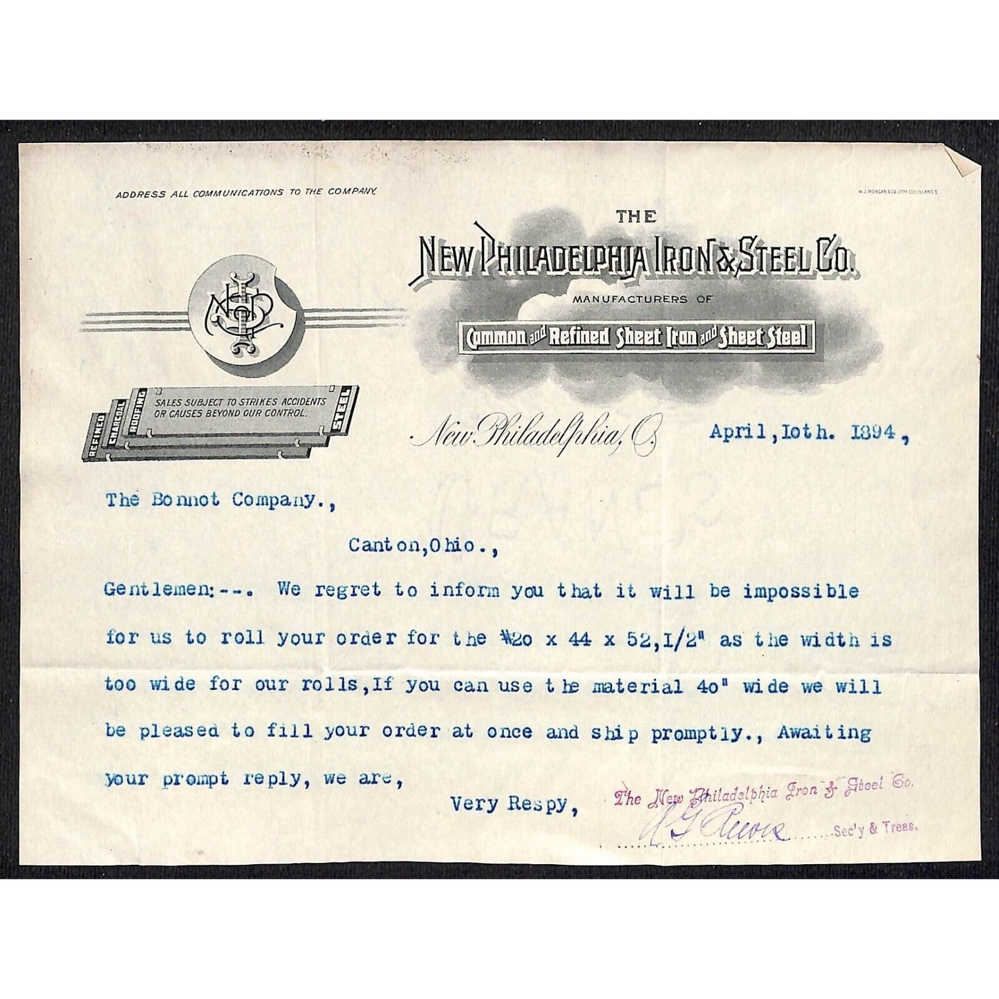 New Philadelphia Iron & Steel Co. 1894 Bonnot Co. Letterhead Scarce