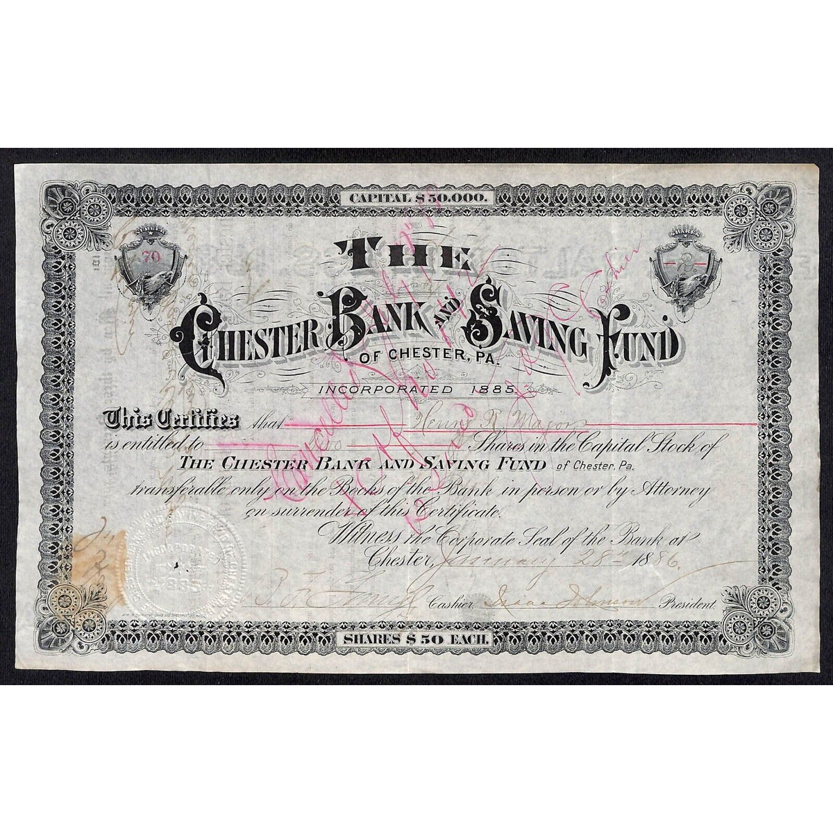 Chester Bank and Saving Fund Chester, PA 1886 Stock Certificate Henry R. Majors