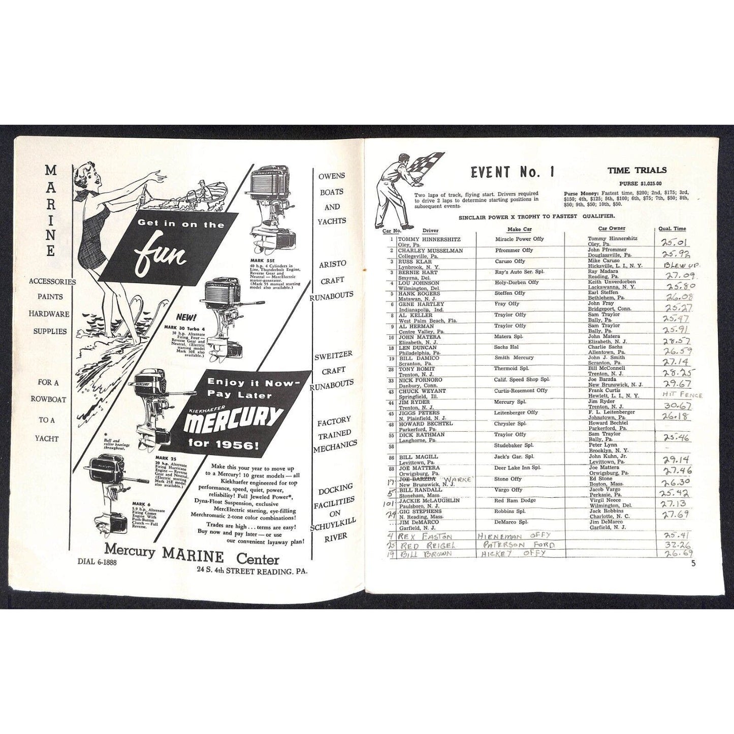 Reading Fairgrounds 1956 USAC Auto Race Program Half Mile 12pp* Scarce