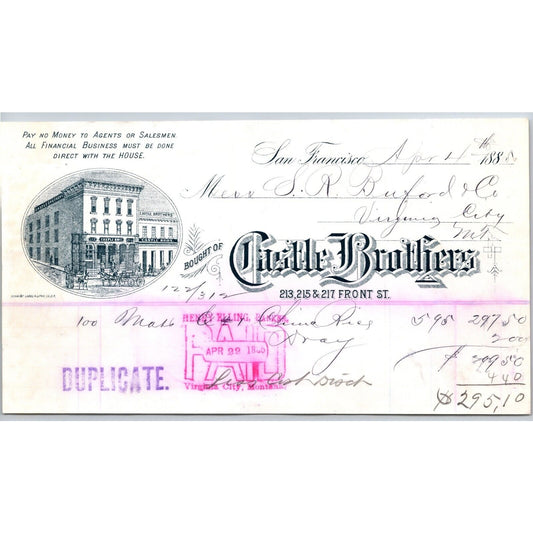 Castle Brothers Grocers San Francisco 1885 Billhead VGC Buford* Virginia City MT