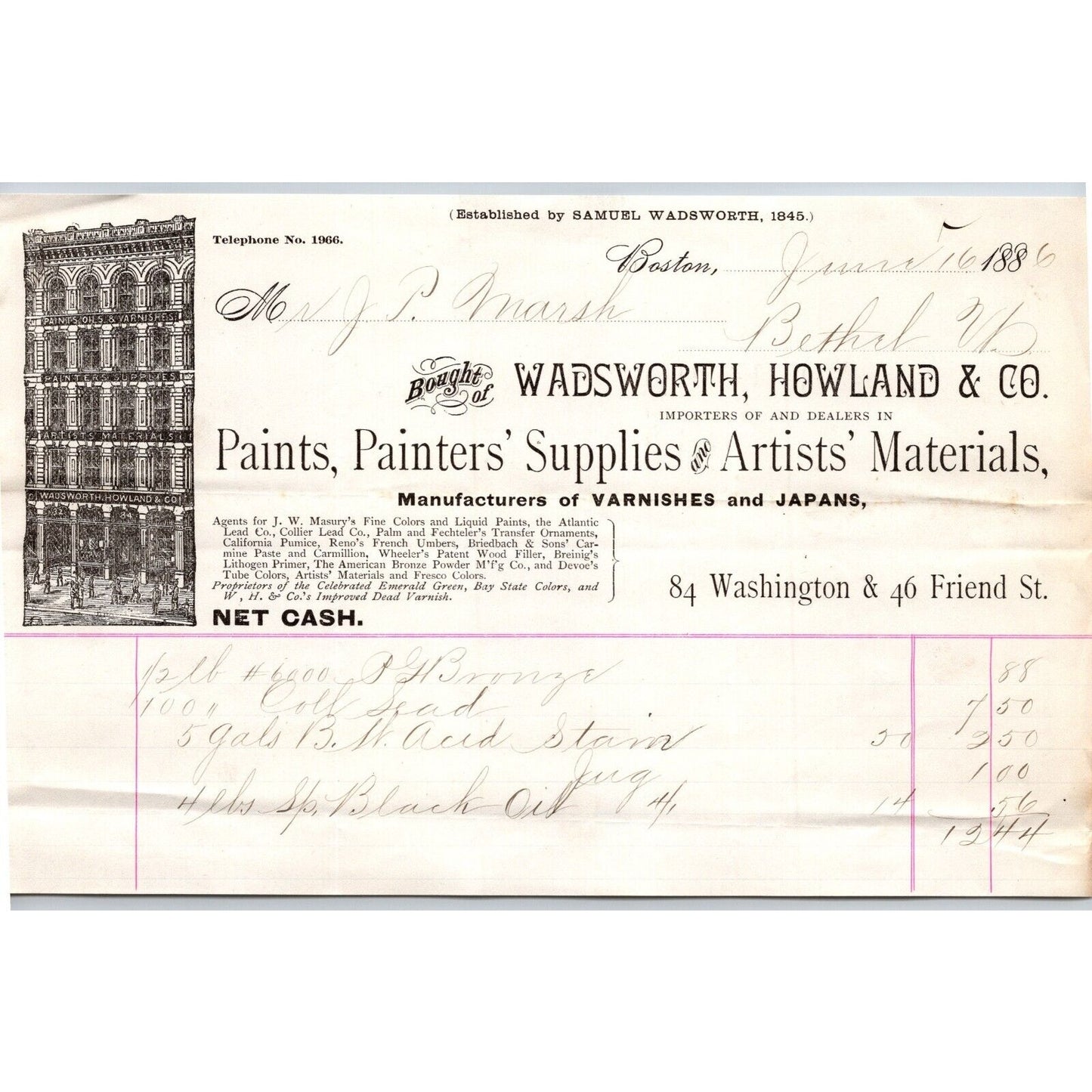 Wadsworth, Howland & Co. Painters' Supplies Boston, MA 1886 Billhead VG Vignette