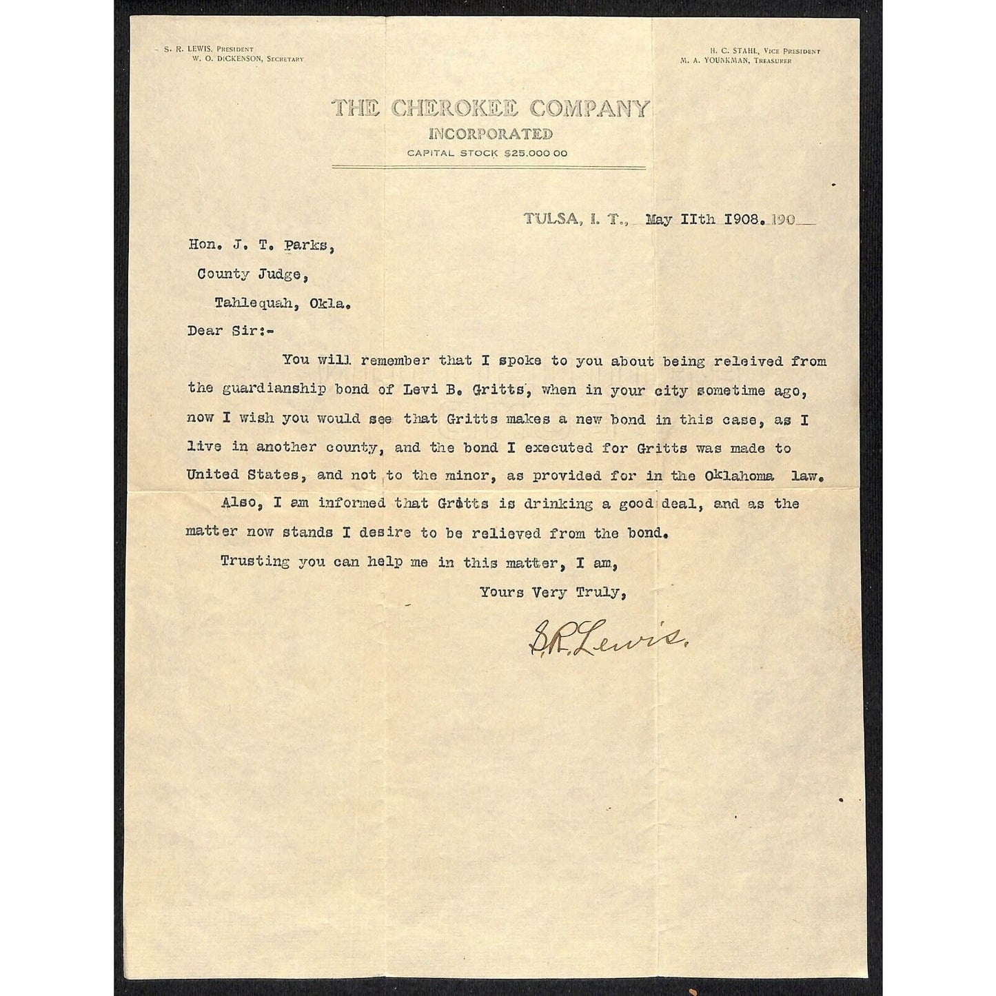 1908 The Cherokee Company Tulsa, OK Indian Territory TLS Letterhead