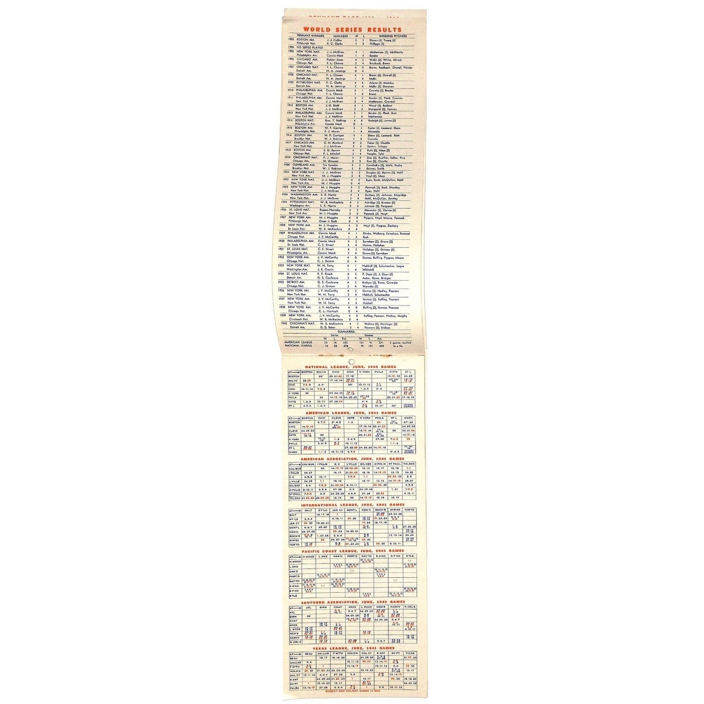 1941 Baseball Calendar Roaring Spring PA 3" x 8" Scarce Complete 20pp VGC