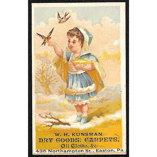 Easton, PA W.H. Kunsman Dry Goods Carpets Victorian Trade Card Girl w/ Birds