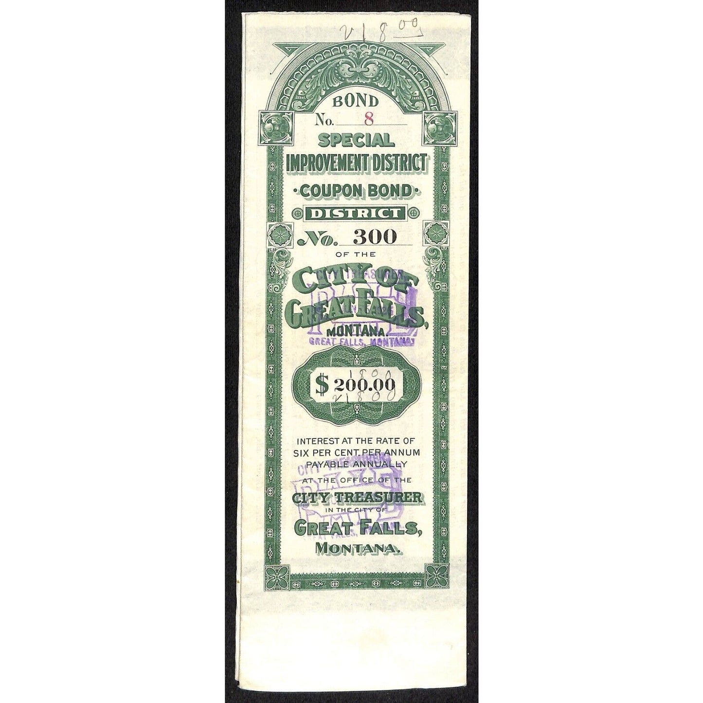 Great Falls Montana 1917 $200 Bond for Special Improvements VGC Waterfall Vig.
