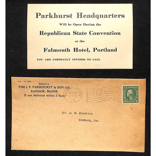Bangor, ME J.F. Parkhurst & Son 1916 Republican State Convention Card Knowlton*