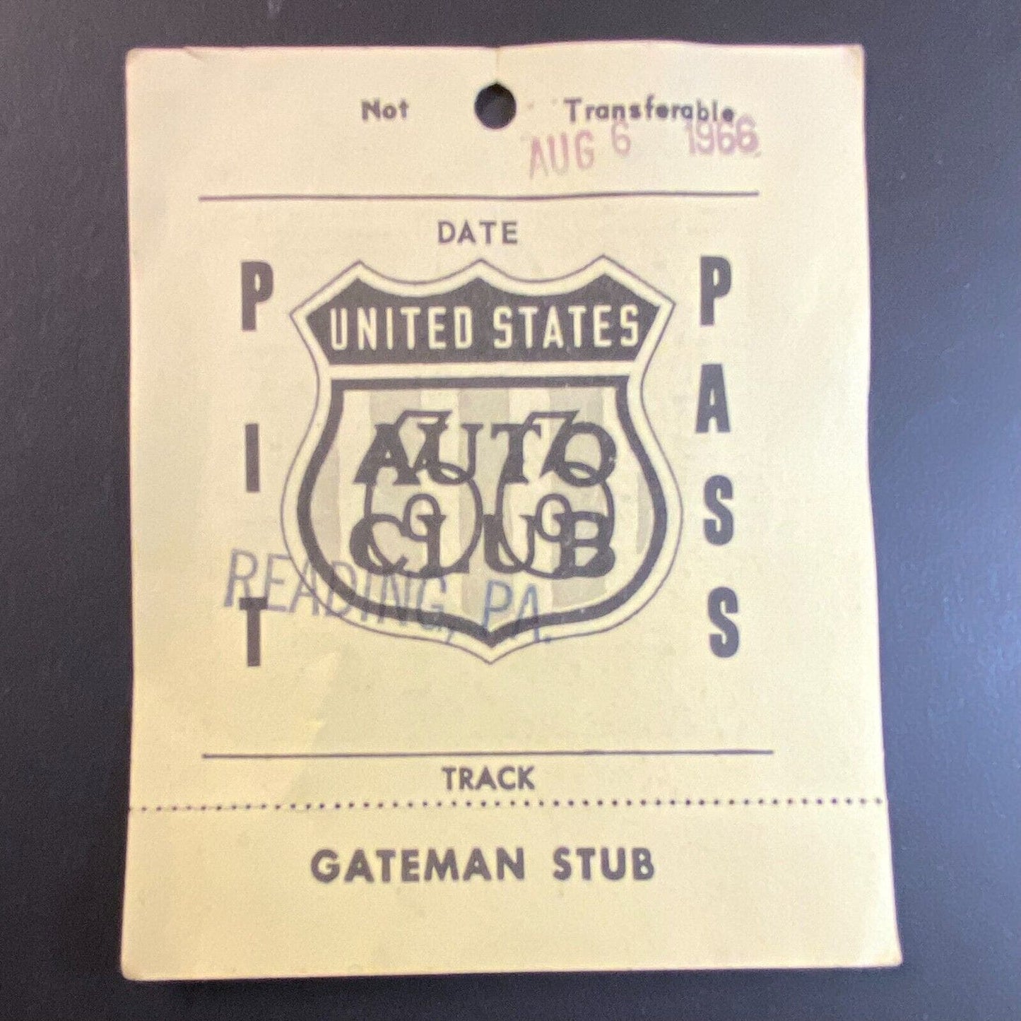1966 Reading, PA USAC Pit Pass w/ Gateman Stub Auto Racing August 6 1966