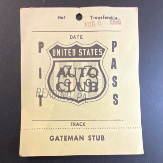 1966 Reading, PA USAC Pit Pass w/ Gateman Stub Auto Racing August 6 1966