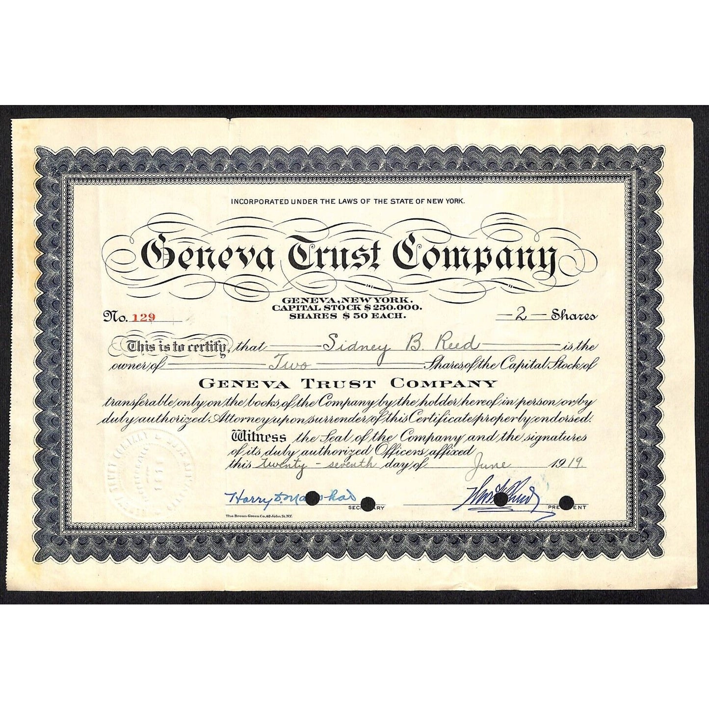 Geneva Trust Company NY 1919 Stock Certificate to Sidney B. Reed #129