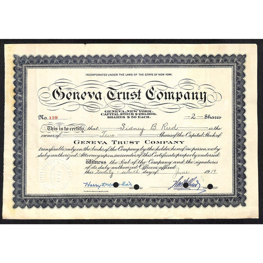 Geneva Trust Company NY 1919 Stock Certificate to Sidney B. Reed #129