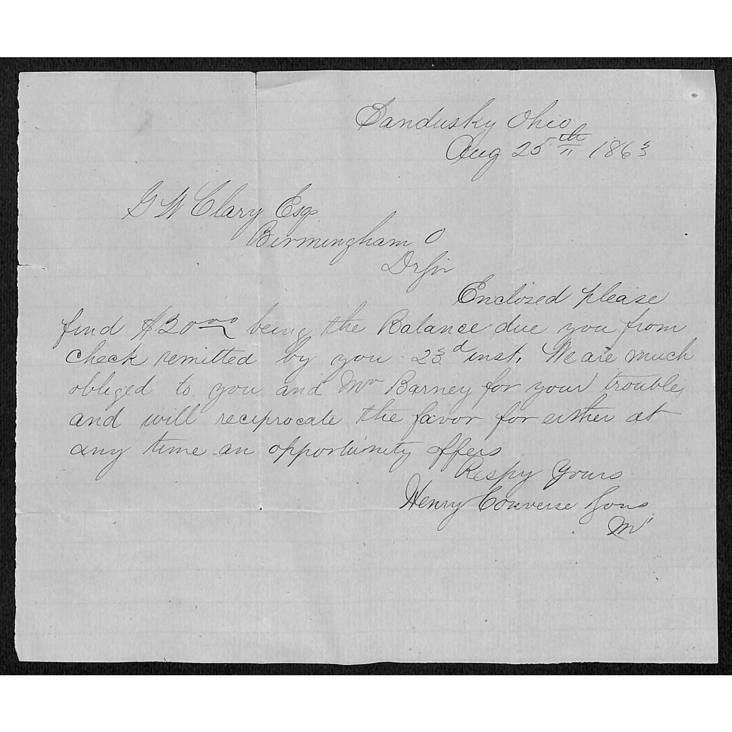Geo. Clary Birmingham, OH 1863 Payment Notice Henry Converse Sandusky, OH