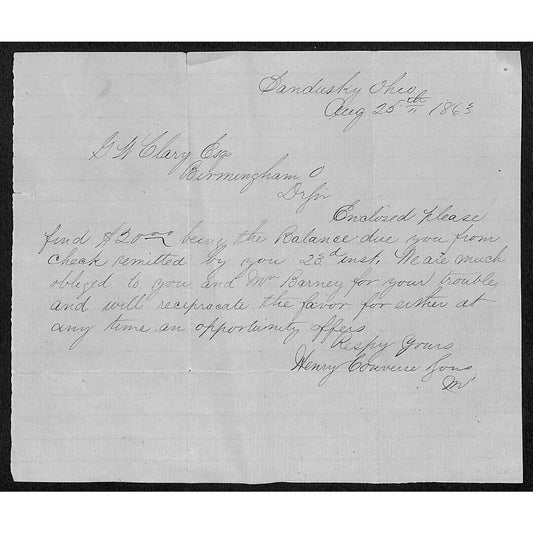 Geo. Clary Birmingham, OH 1863 Payment Notice Henry Converse Sandusky, OH