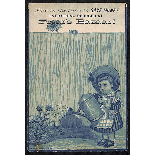 Frear's Bazaar Discount Dress Goods Victorian Trade Card Girl Waters Flowers
