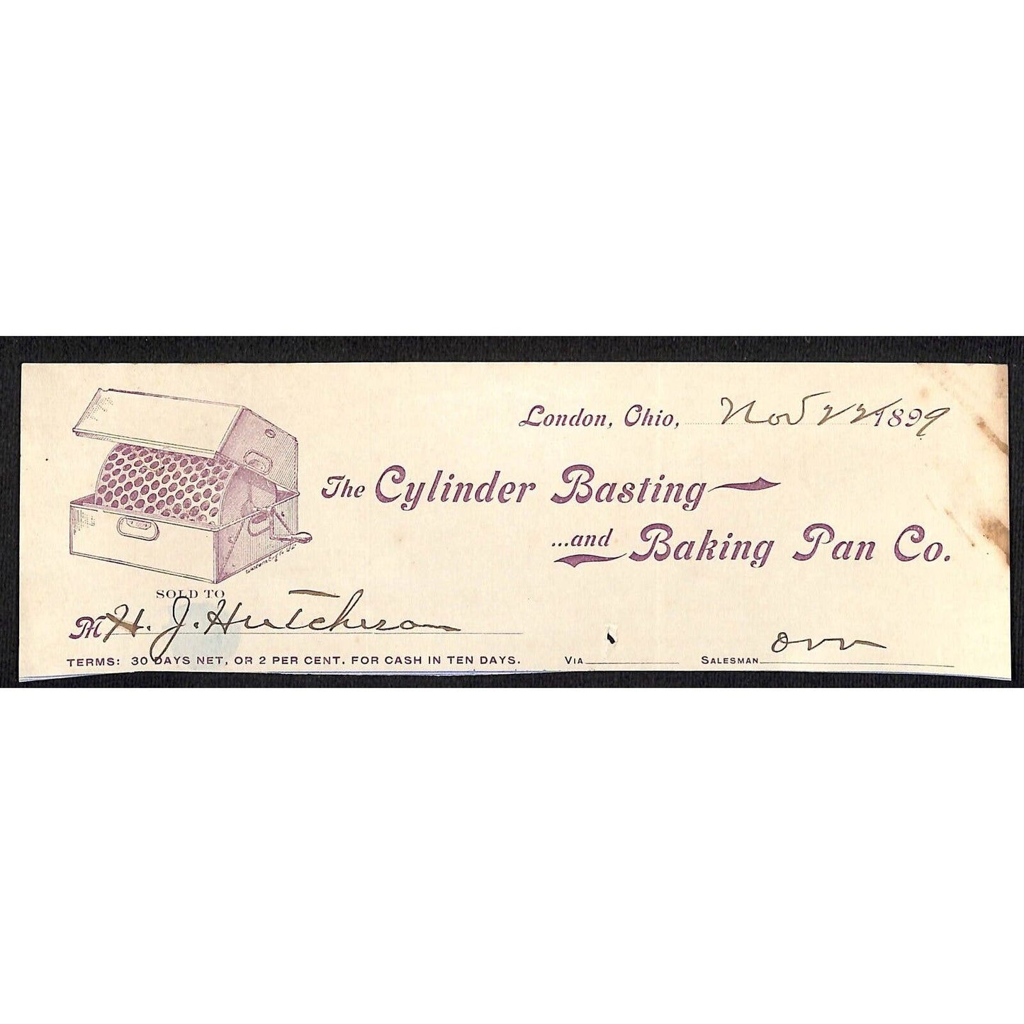 Cylinder Basting and Baking Pan Co. Decorah IA* Cut 1899 Billhead w/ Vignette
