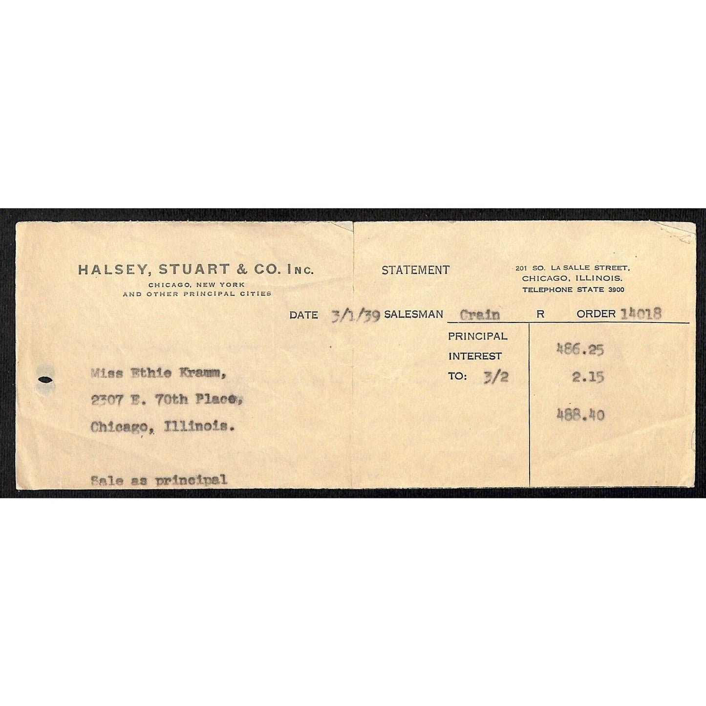 Halsey Stuart & Co. 500 Kentucky Utilities Co. 1969 Receipt w/ Tax Stamp