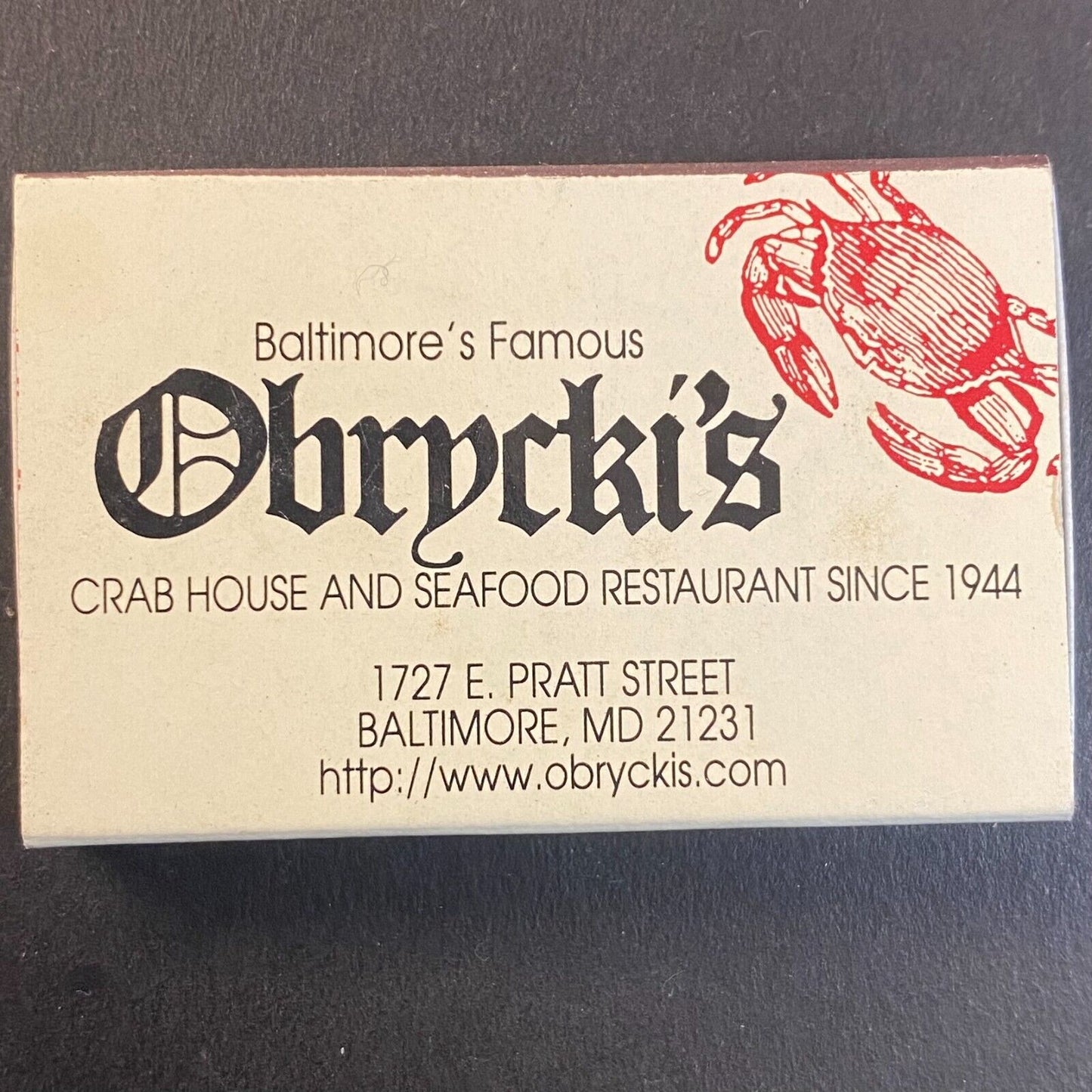 Baltimore's Famous Obrycki's Seafood Restaurant Vintage Matchbox Scarce VGC