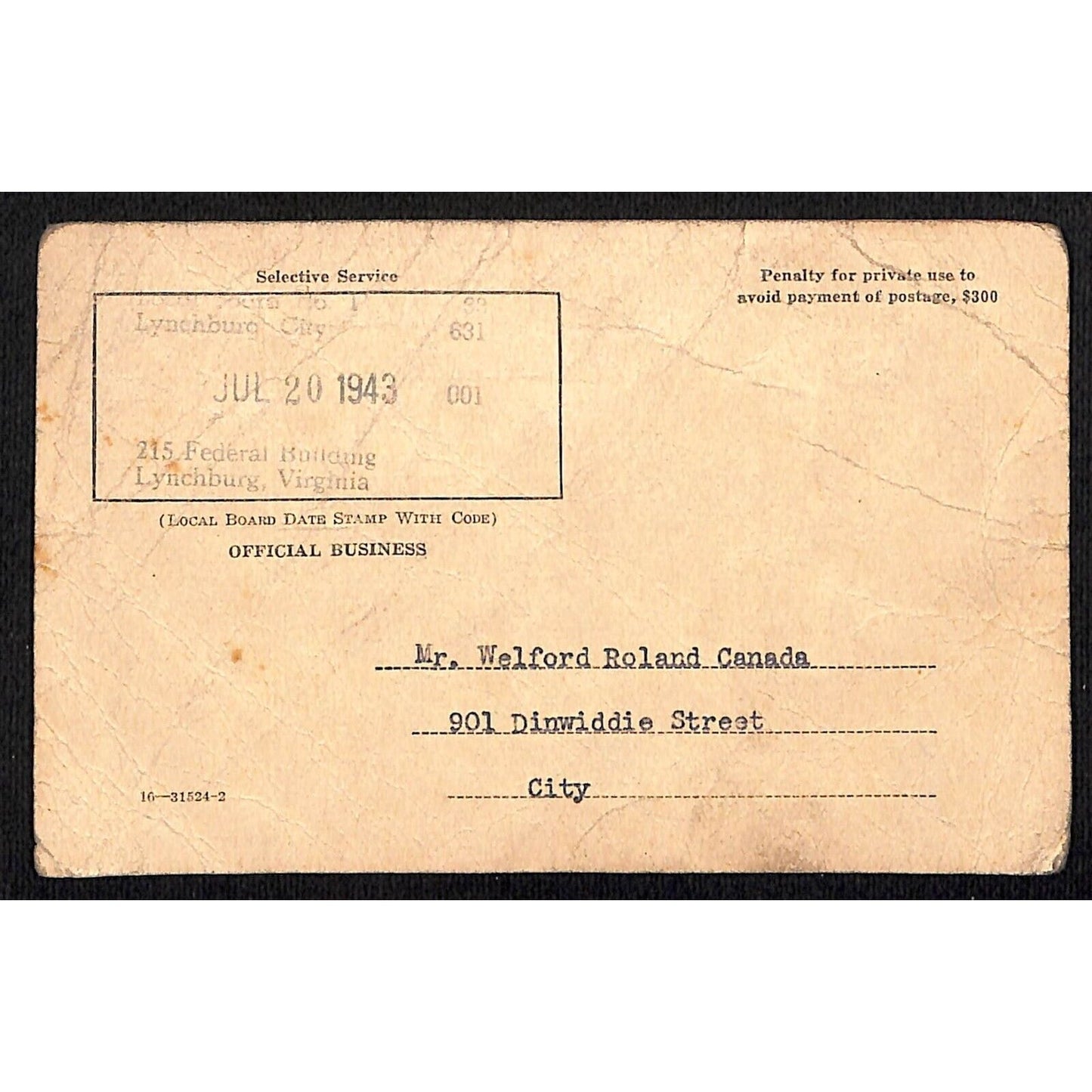1943 WWII Draft "Notice of Classification" Postcard Lynchburg, VA