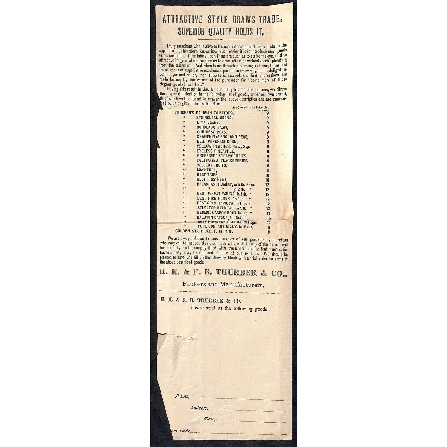 H.K. & F.B. Thurber & Co (NYC) Wholesale Broadside Product List c1880's Scarce