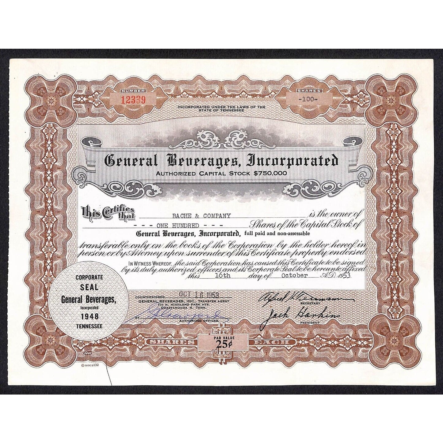 General Beverages, Inc. Tennessee 1953 Stock Certificate to Bache & Company