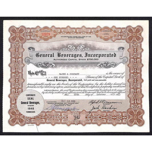 General Beverages, Inc. Tennessee 1953 Stock Certificate to Bache & Company