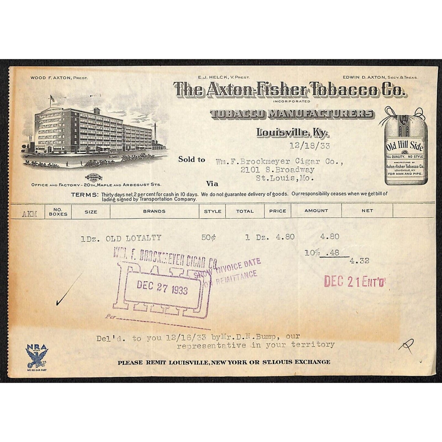 Louisville, KY The Axton-Fisher Tobacco Co. "Old Hill Side" 12/18 1933 Billhead