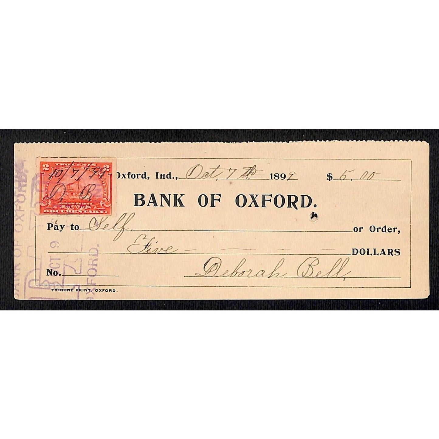 Bank of Oxford 1899 Indiana Bank Check Deborah Bell w/ Tax Stamp